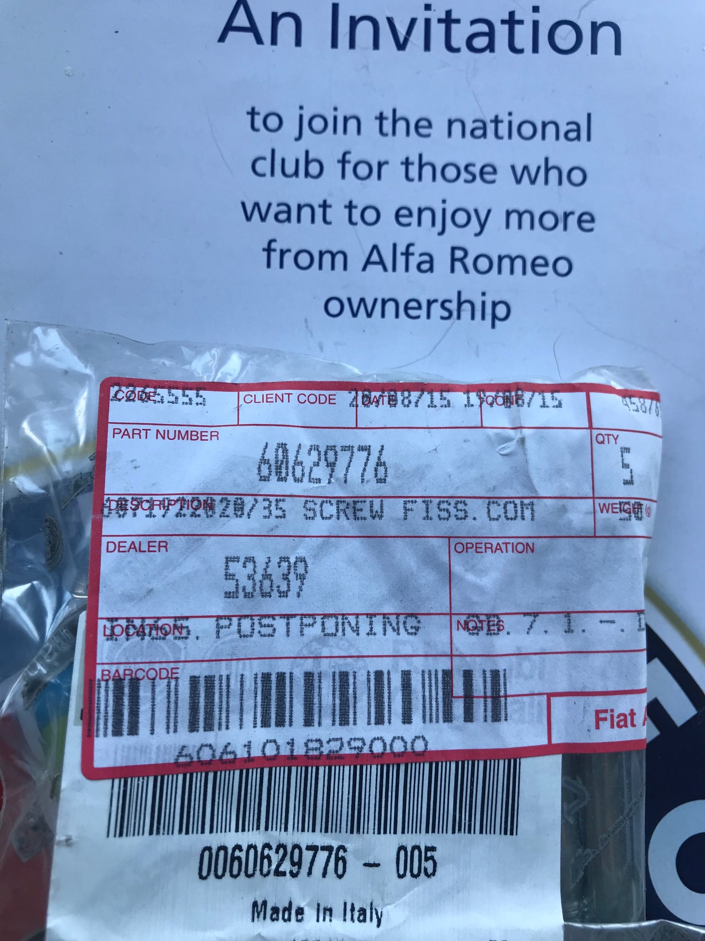 Screw - ignition - 60629776 - 156 *price is for one*