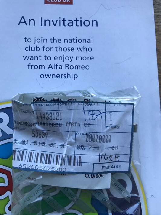 Screw - transmission case - 14433121 - 145 146 147 155 156 159 164 166 4C MiTo GTV GT Spider Giulietta