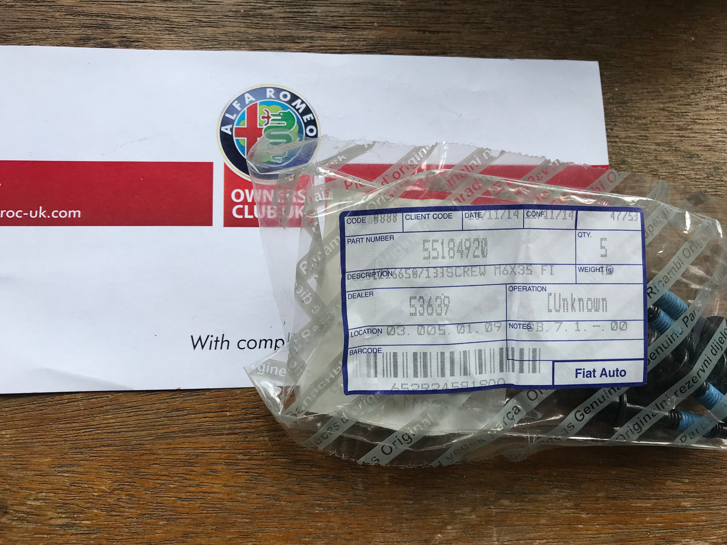 Screw - brake vacuum system - 55184920 - 147 156 GT 159 Brera Spider 166 4C MiTo Giulietta *pack of five*