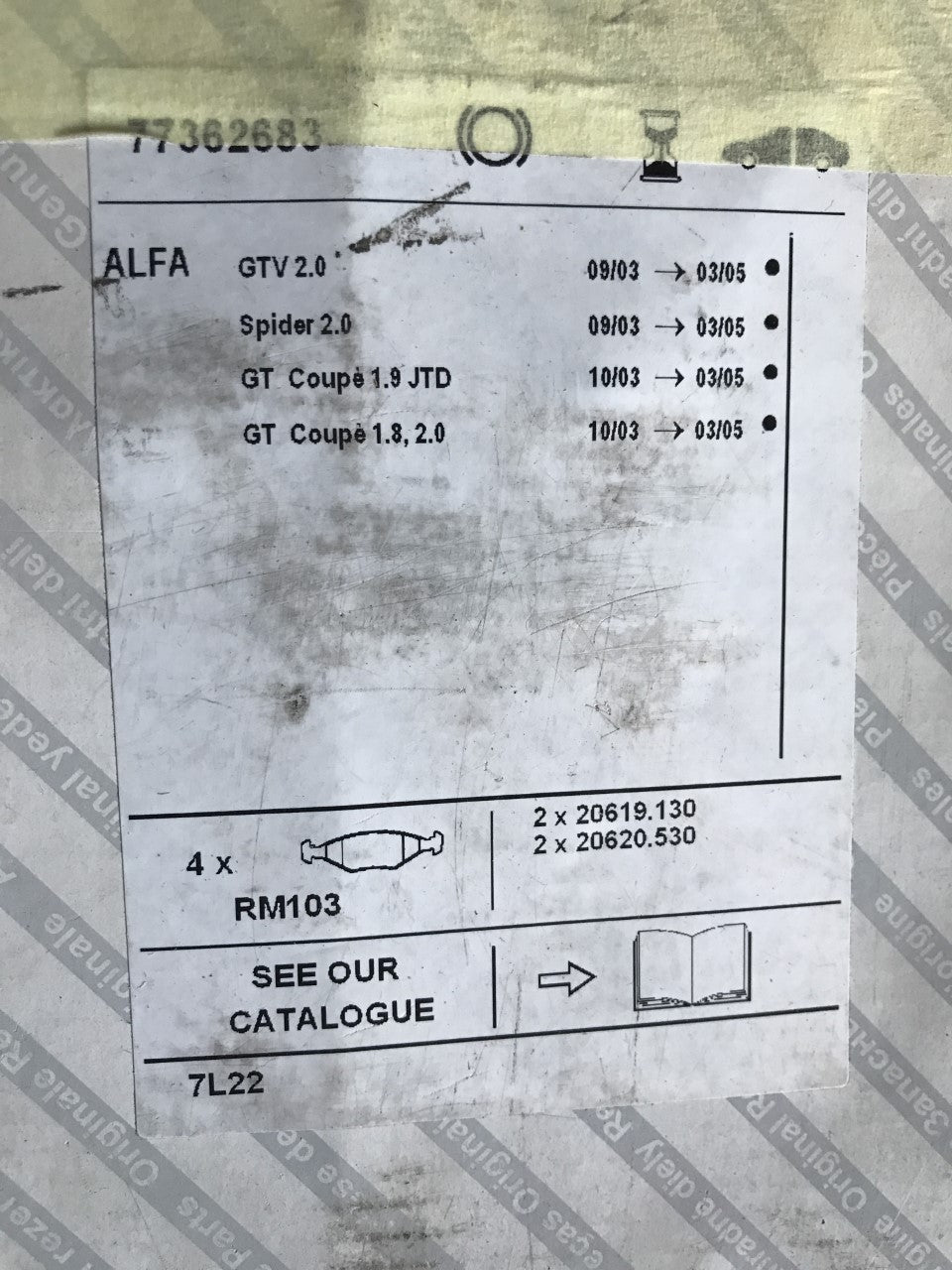 Brake pads - front GT 1.8/2.0 & 1.9 JTD, GTV/Spider 2.0  - 77362683